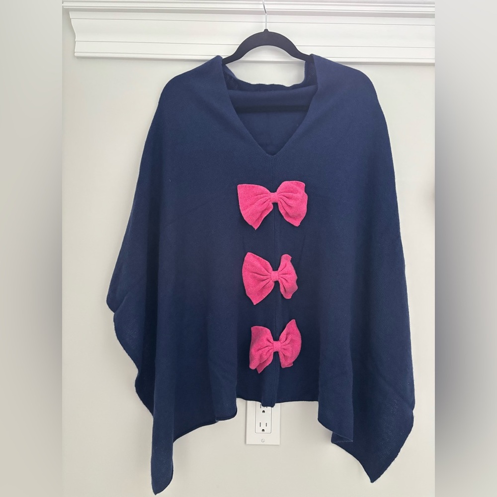 Elegant Navy Blue Poncho with Pink Bows